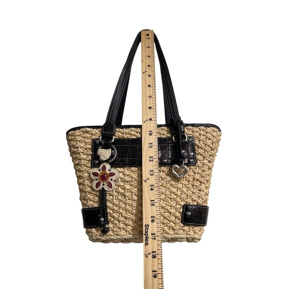 Brighton Cody Woven Straw Tote Bag Black-Leather-Trim Basket Weave Floral-Inside - Picture 7 of 7